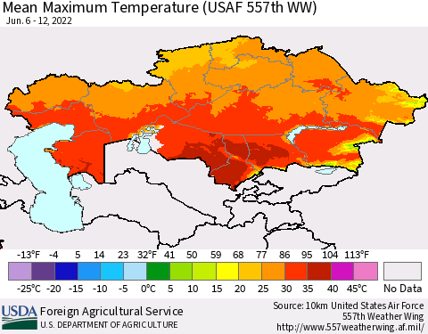 Kazakhstan Mean Maximum Temperature (USAF 557th WW) Thematic Map For 6/6/2022 - 6/12/2022