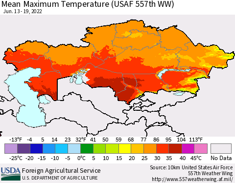 Kazakhstan Mean Maximum Temperature (USAF 557th WW) Thematic Map For 6/13/2022 - 6/19/2022