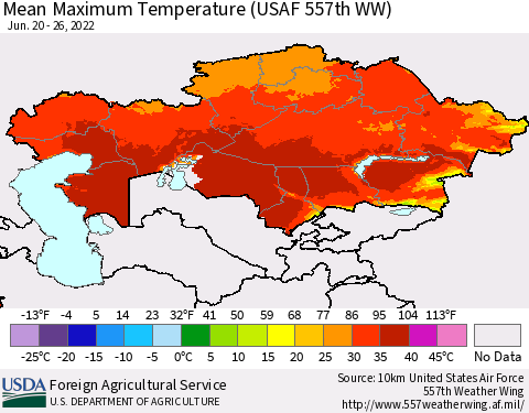 Kazakhstan Mean Maximum Temperature (USAF 557th WW) Thematic Map For 6/20/2022 - 6/26/2022