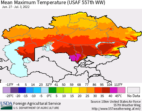 Kazakhstan Mean Maximum Temperature (USAF 557th WW) Thematic Map For 6/27/2022 - 7/3/2022