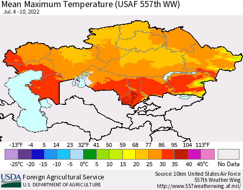 Kazakhstan Mean Maximum Temperature (USAF 557th WW) Thematic Map For 7/4/2022 - 7/10/2022