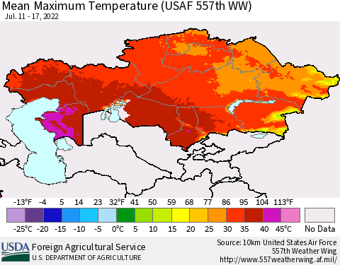 Kazakhstan Mean Maximum Temperature (USAF 557th WW) Thematic Map For 7/11/2022 - 7/17/2022