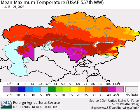 Kazakhstan Mean Maximum Temperature (USAF 557th WW) Thematic Map For 7/18/2022 - 7/24/2022
