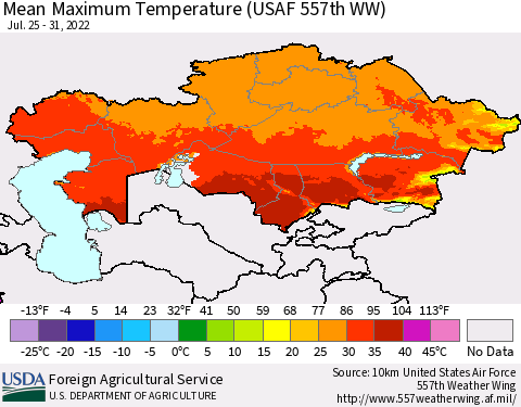 Kazakhstan Mean Maximum Temperature (USAF 557th WW) Thematic Map For 7/25/2022 - 7/31/2022