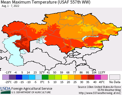 Kazakhstan Mean Maximum Temperature (USAF 557th WW) Thematic Map For 8/1/2022 - 8/7/2022
