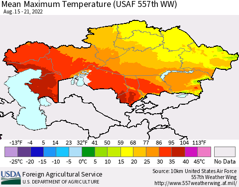 Kazakhstan Mean Maximum Temperature (USAF 557th WW) Thematic Map For 8/15/2022 - 8/21/2022