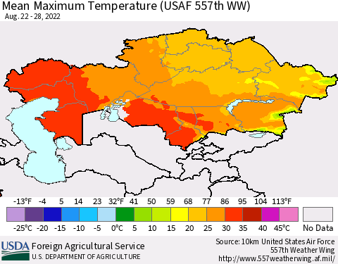 Kazakhstan Mean Maximum Temperature (USAF 557th WW) Thematic Map For 8/22/2022 - 8/28/2022