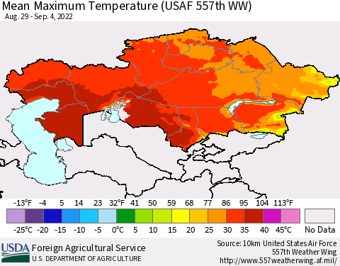 Kazakhstan Mean Maximum Temperature (USAF 557th WW) Thematic Map For 8/29/2022 - 9/4/2022