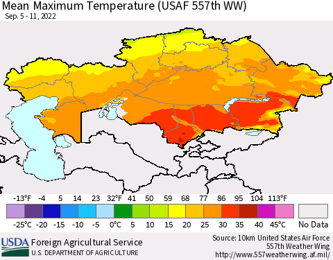 Kazakhstan Mean Maximum Temperature (USAF 557th WW) Thematic Map For 9/5/2022 - 9/11/2022