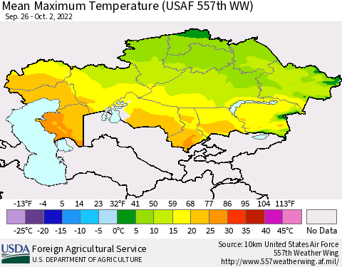 Kazakhstan Mean Maximum Temperature (USAF 557th WW) Thematic Map For 9/26/2022 - 10/2/2022