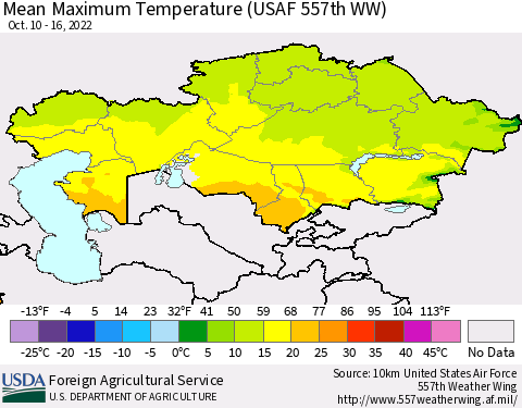 Kazakhstan Mean Maximum Temperature (USAF 557th WW) Thematic Map For 10/10/2022 - 10/16/2022