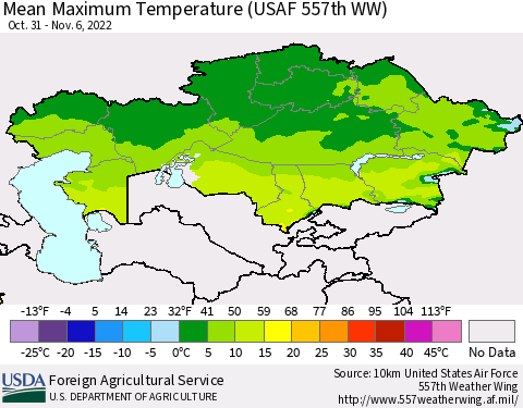 Kazakhstan Mean Maximum Temperature (USAF 557th WW) Thematic Map For 10/31/2022 - 11/6/2022