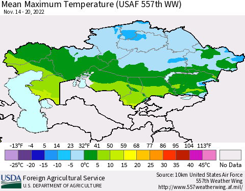 Kazakhstan Mean Maximum Temperature (USAF 557th WW) Thematic Map For 11/14/2022 - 11/20/2022