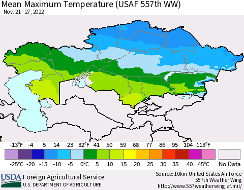 Kazakhstan Mean Maximum Temperature (USAF 557th WW) Thematic Map For 11/21/2022 - 11/27/2022
