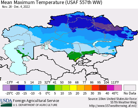 Kazakhstan Mean Maximum Temperature (USAF 557th WW) Thematic Map For 11/28/2022 - 12/4/2022