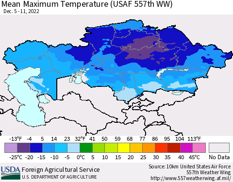 Kazakhstan Mean Maximum Temperature (USAF 557th WW) Thematic Map For 12/5/2022 - 12/11/2022