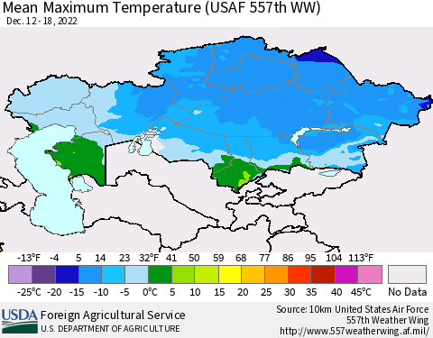 Kazakhstan Mean Maximum Temperature (USAF 557th WW) Thematic Map For 12/12/2022 - 12/18/2022