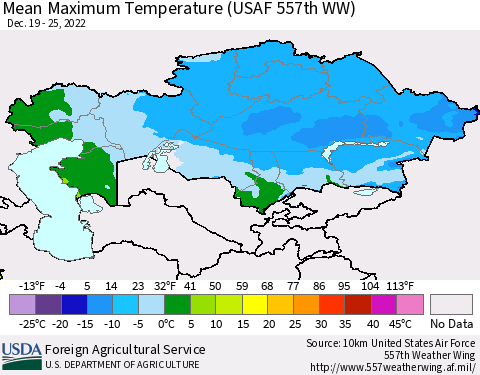 Kazakhstan Mean Maximum Temperature (USAF 557th WW) Thematic Map For 12/19/2022 - 12/25/2022