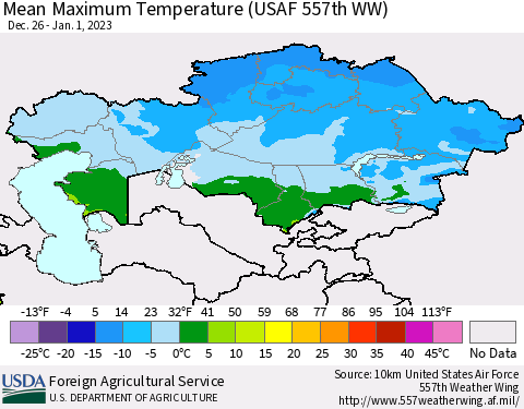 Kazakhstan Mean Maximum Temperature (USAF 557th WW) Thematic Map For 12/26/2022 - 1/1/2023