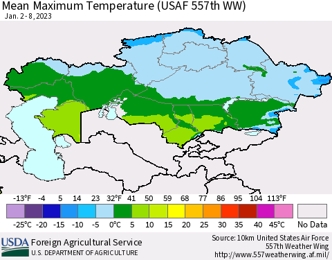Kazakhstan Mean Maximum Temperature (USAF 557th WW) Thematic Map For 1/2/2023 - 1/8/2023