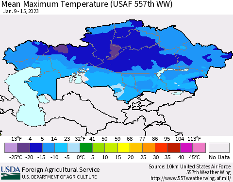Kazakhstan Mean Maximum Temperature (USAF 557th WW) Thematic Map For 1/9/2023 - 1/15/2023