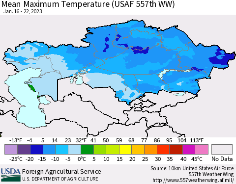Kazakhstan Mean Maximum Temperature (USAF 557th WW) Thematic Map For 1/16/2023 - 1/22/2023