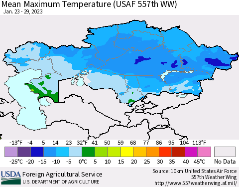 Kazakhstan Mean Maximum Temperature (USAF 557th WW) Thematic Map For 1/23/2023 - 1/29/2023