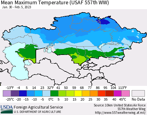 Kazakhstan Mean Maximum Temperature (USAF 557th WW) Thematic Map For 1/30/2023 - 2/5/2023