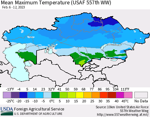 Kazakhstan Mean Maximum Temperature (USAF 557th WW) Thematic Map For 2/6/2023 - 2/12/2023