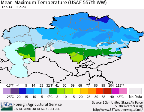 Kazakhstan Mean Maximum Temperature (USAF 557th WW) Thematic Map For 2/13/2023 - 2/19/2023