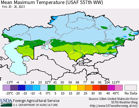 Kazakhstan Mean Maximum Temperature (USAF 557th WW) Thematic Map For 2/20/2023 - 2/26/2023