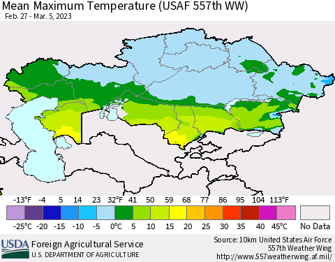 Kazakhstan Mean Maximum Temperature (USAF 557th WW) Thematic Map For 2/27/2023 - 3/5/2023