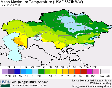 Kazakhstan Mean Maximum Temperature (USAF 557th WW) Thematic Map For 3/13/2023 - 3/19/2023