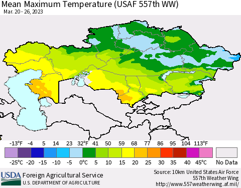 Kazakhstan Mean Maximum Temperature (USAF 557th WW) Thematic Map For 3/20/2023 - 3/26/2023