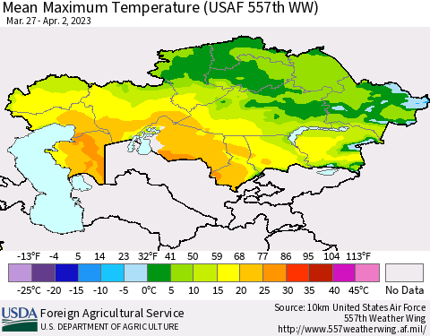 Kazakhstan Mean Maximum Temperature (USAF 557th WW) Thematic Map For 3/27/2023 - 4/2/2023