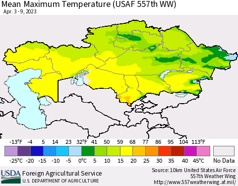 Kazakhstan Mean Maximum Temperature (USAF 557th WW) Thematic Map For 4/3/2023 - 4/9/2023