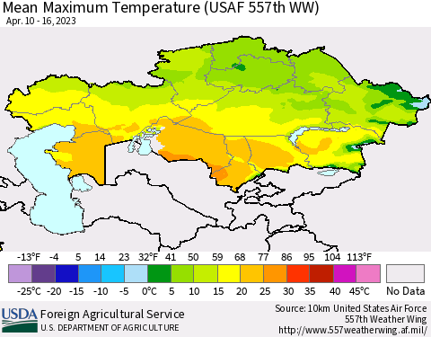 Kazakhstan Mean Maximum Temperature (USAF 557th WW) Thematic Map For 4/10/2023 - 4/16/2023
