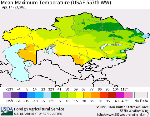 Kazakhstan Mean Maximum Temperature (USAF 557th WW) Thematic Map For 4/17/2023 - 4/23/2023