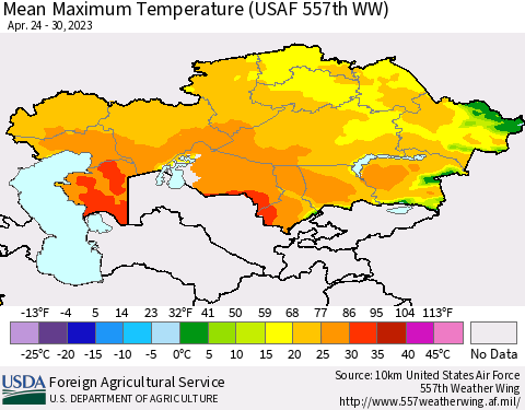 Kazakhstan Mean Maximum Temperature (USAF 557th WW) Thematic Map For 4/24/2023 - 4/30/2023