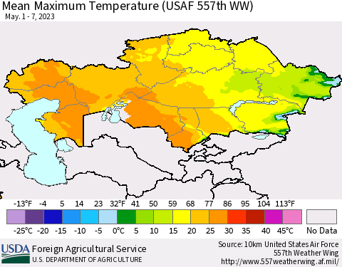 Kazakhstan Mean Maximum Temperature (USAF 557th WW) Thematic Map For 5/1/2023 - 5/7/2023
