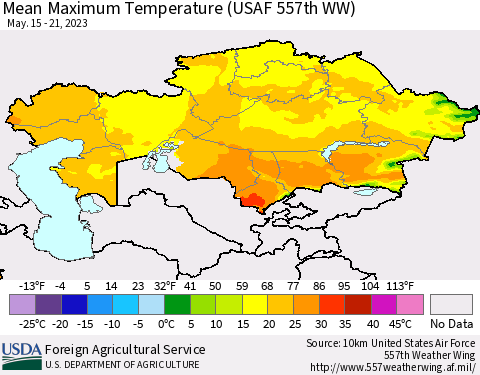 Kazakhstan Mean Maximum Temperature (USAF 557th WW) Thematic Map For 5/15/2023 - 5/21/2023