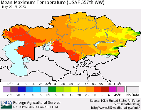 Kazakhstan Mean Maximum Temperature (USAF 557th WW) Thematic Map For 5/22/2023 - 5/28/2023