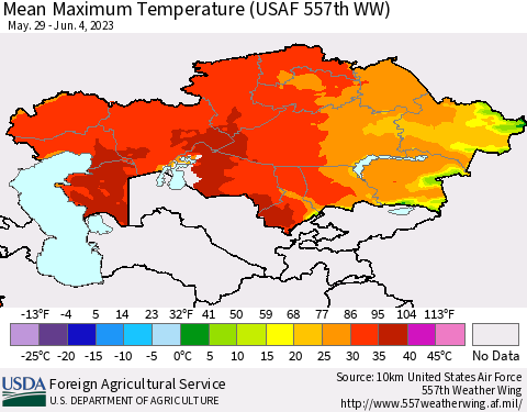 Kazakhstan Mean Maximum Temperature (USAF 557th WW) Thematic Map For 5/29/2023 - 6/4/2023