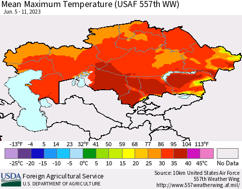 Kazakhstan Mean Maximum Temperature (USAF 557th WW) Thematic Map For 6/5/2023 - 6/11/2023