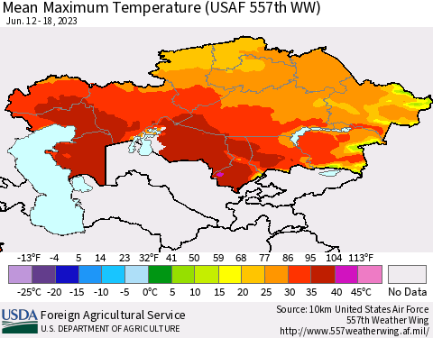 Kazakhstan Mean Maximum Temperature (USAF 557th WW) Thematic Map For 6/12/2023 - 6/18/2023