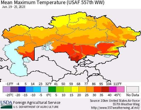 Kazakhstan Mean Maximum Temperature (USAF 557th WW) Thematic Map For 6/19/2023 - 6/25/2023