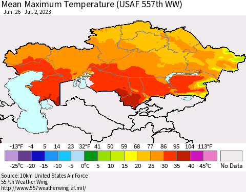 Kazakhstan Mean Maximum Temperature (USAF 557th WW) Thematic Map For 6/26/2023 - 7/2/2023