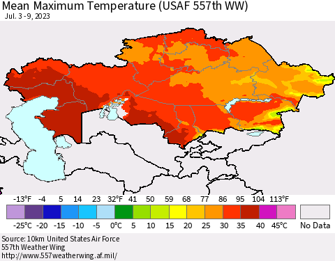 Kazakhstan Mean Maximum Temperature (USAF 557th WW) Thematic Map For 7/3/2023 - 7/9/2023