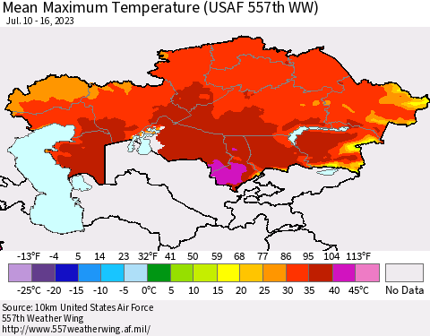 Kazakhstan Mean Maximum Temperature (USAF 557th WW) Thematic Map For 7/10/2023 - 7/16/2023