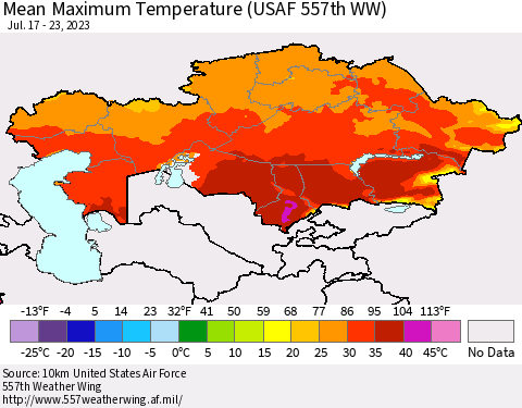 Kazakhstan Mean Maximum Temperature (USAF 557th WW) Thematic Map For 7/17/2023 - 7/23/2023